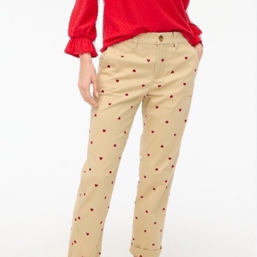 J.Crew Highrise Girlfriend Chinos Classic Tan With Red Hearts Size 14 - Picture 3 of 7